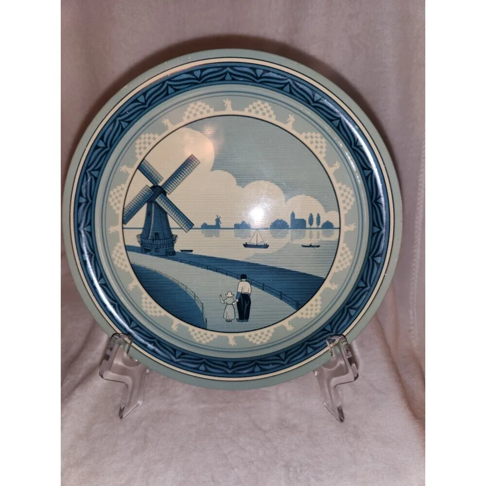 Metal Dutch Scene Tray Blue Made in England Windmill Boats wooden shoes